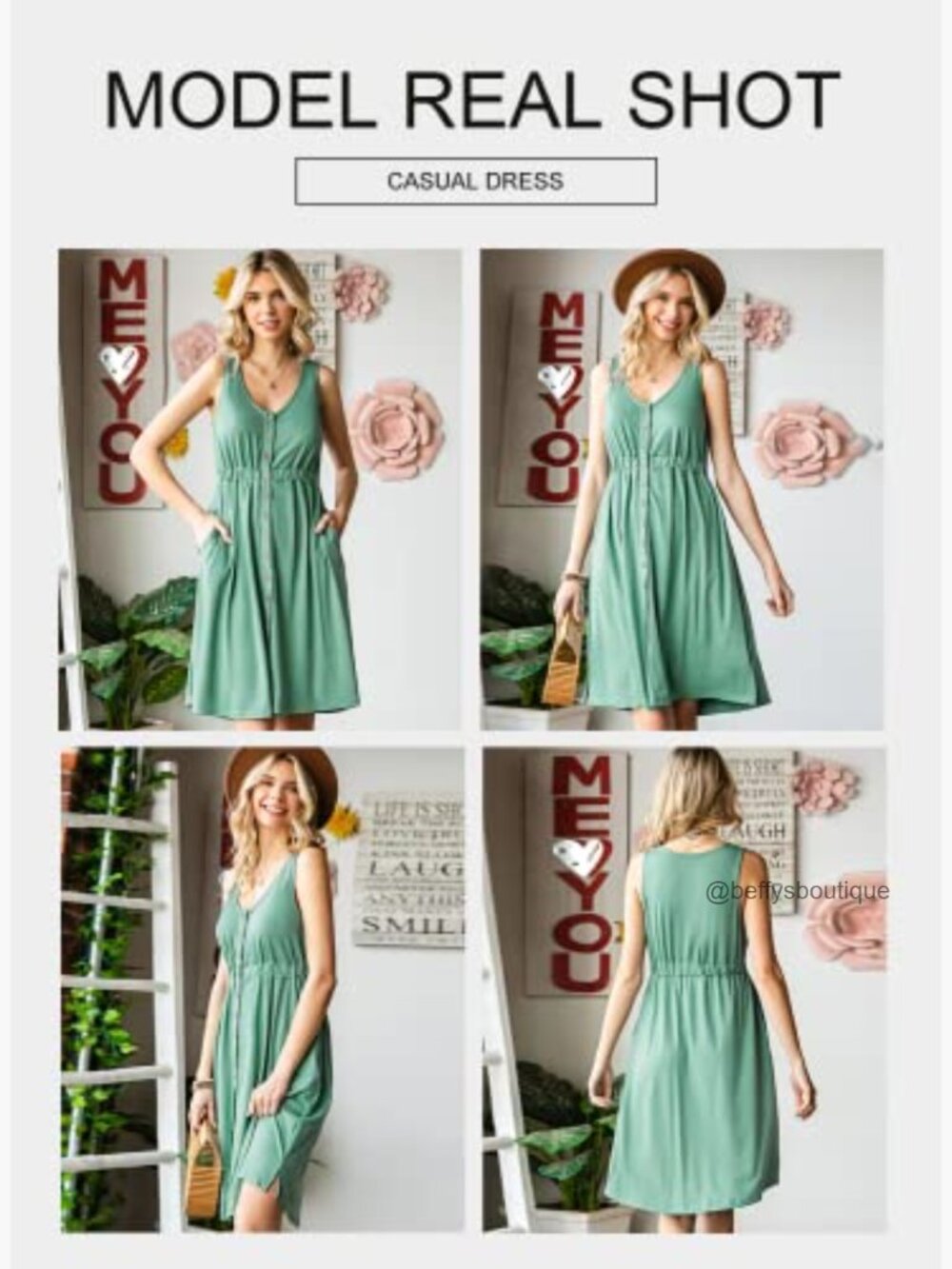 V Neck Button Down Swing Dress Sleeveless Summer Midi Dress - Picture 6 of 7